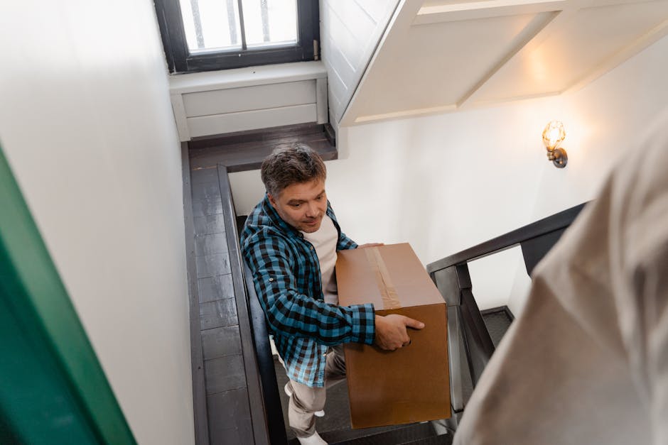 A man in a blue and black checkered shirt is standing on a staircase inside a residential property, carrying a rectangular cardboard box with taped seams. The staircase has dark wooden steps and a bla